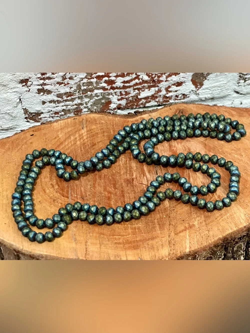 Vintage Necklace Long Iridescent Green Faceted Continuous Strand 56”